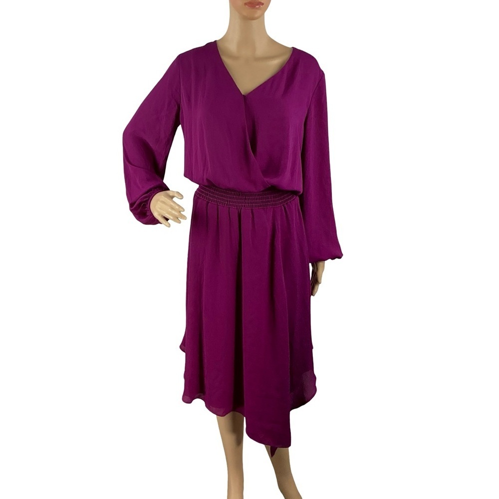 Krisa Long Sleeve Surplice Midi Dress Berry Smocked Size XS